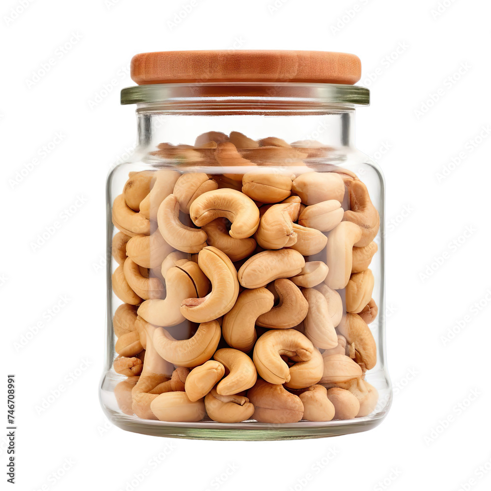 A glass jar filled with cashews Isolated on transparent background. A glass jar filled with cashews Isolated on transparent background.