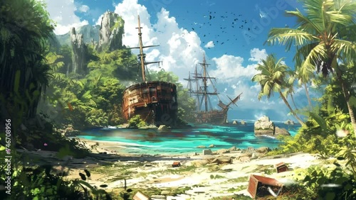 abandoned island bears the marks of pirates, with remnants of their adventures scattered among the ruins, Seamless looping 4k video background animation photo