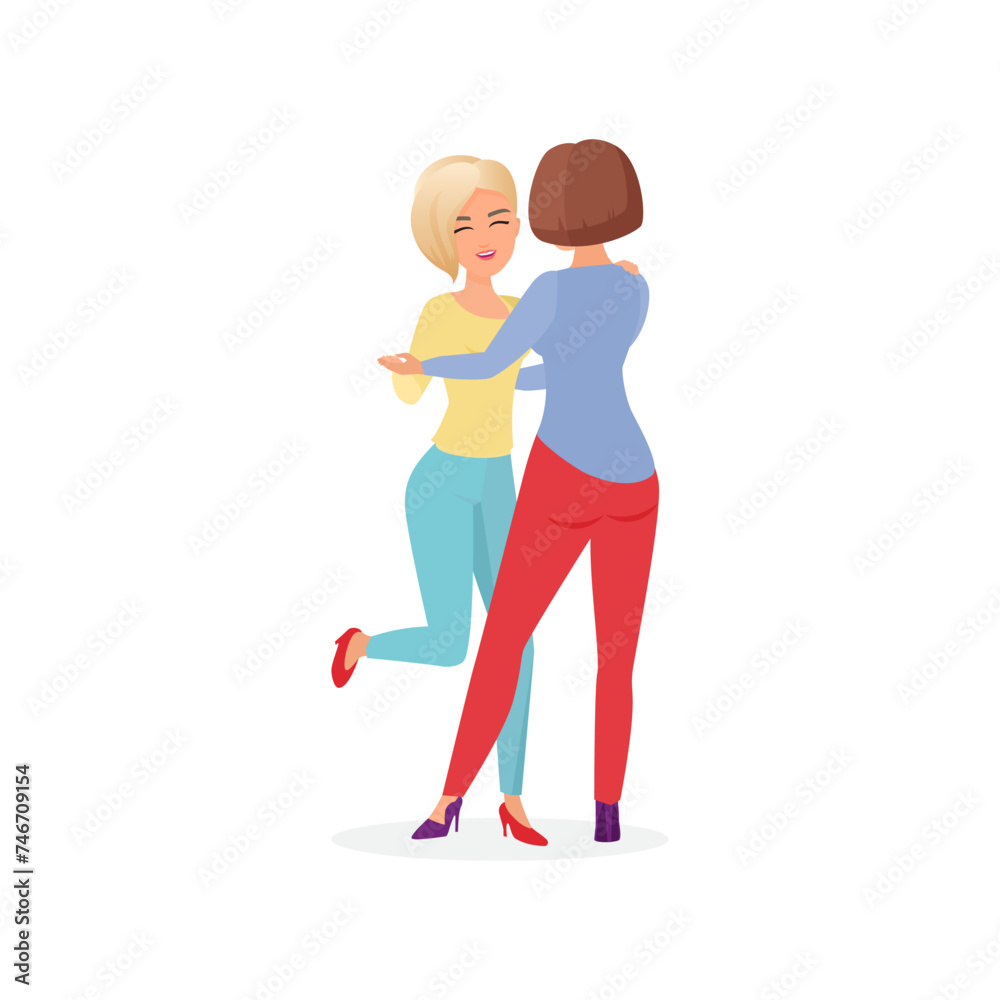 Couple of girls dancing together, two female characters hugging vector illustration