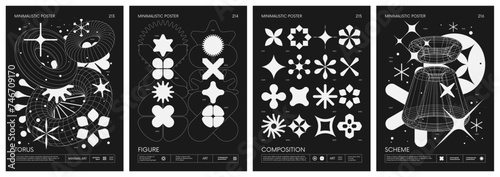Black and White minimalistic Posters acid style with strange wireframes geometrical shapes and silhouette y2k basic figures, futuristic design inspired by brutalism, set 54 photo