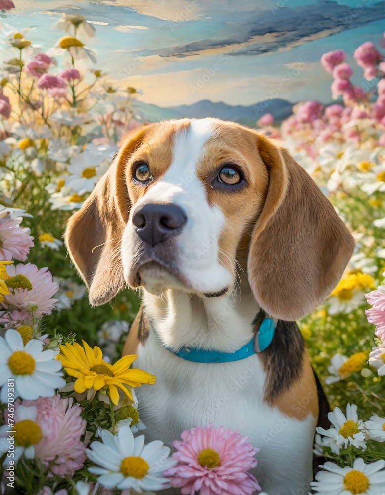 Beagle puppy portrait in the floral field. Dog sitting in field amond flowers. Art card 
