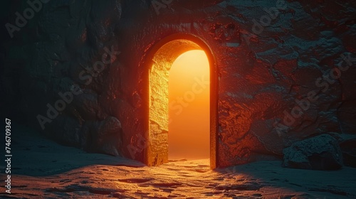 Mysterious keyhole with light shining through on dark background, copy space for text