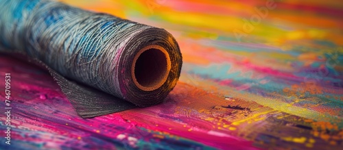A spool of yarn is placed on top of a vibrant and colorful painting, showcasing a contrast between the soft texture of the yarn and the rich textures in the artwork. The painting serves as a striking