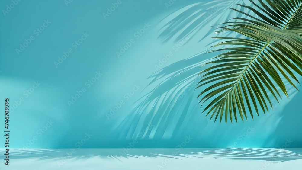 Minimalist abstract background with blurred shadow from palm leaves on light blue wall. Perfect for product presentations. Minimalist abstract background with blurred shadow from palm leaves on light blue wall. Perfect for product presentations.