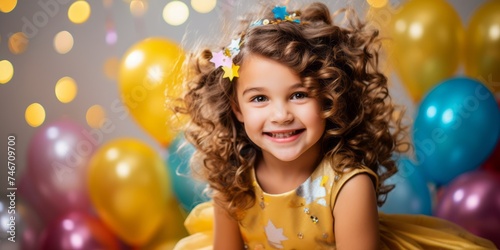 Portrait of a smile girl in a yellow dress on the background of balloons.