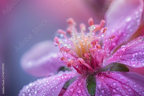 Macro photo of the pistils in the centre of the flower in dewdrops or raindrops