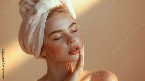 young woman with a towel wrapped around her head is touching her face gently with closed eyes, giving off a sense of tranquility and self-care.