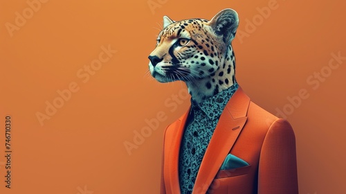Portrait of a wild animal dressed up as a man in elegant clothes.
