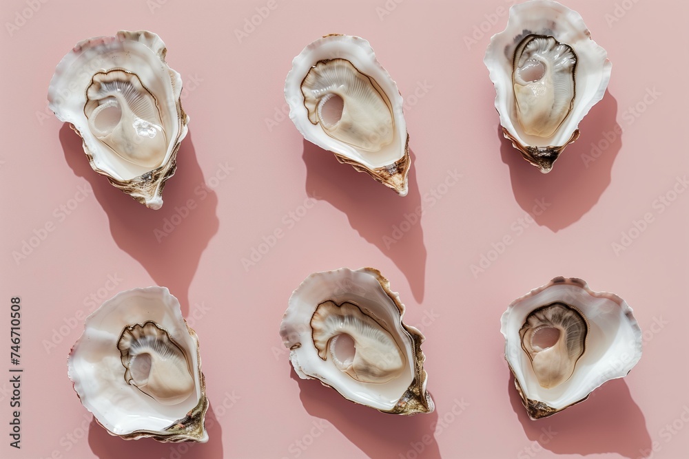oysters pattern on a pastel mauve background, flat lay oysters pattern on a pastel mauve background, flat lay