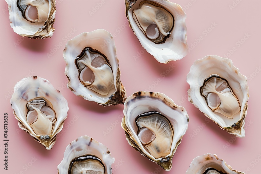 oysters pattern on a pastel mauve background, flat lay oysters pattern on a pastel mauve background, flat lay