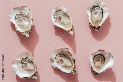oysters pattern on a pastel mauve background, flat lay
