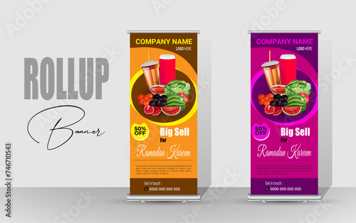 Happy Ramadan Roll Up Banner design. Ramadan special food banner. Ramadan Food Menu Template.