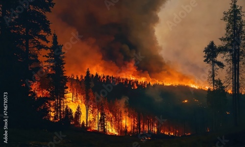 A forest fire devours the dense foliage of the forest  tall flames light up the night sky and plumes of smoke obscure the horizon