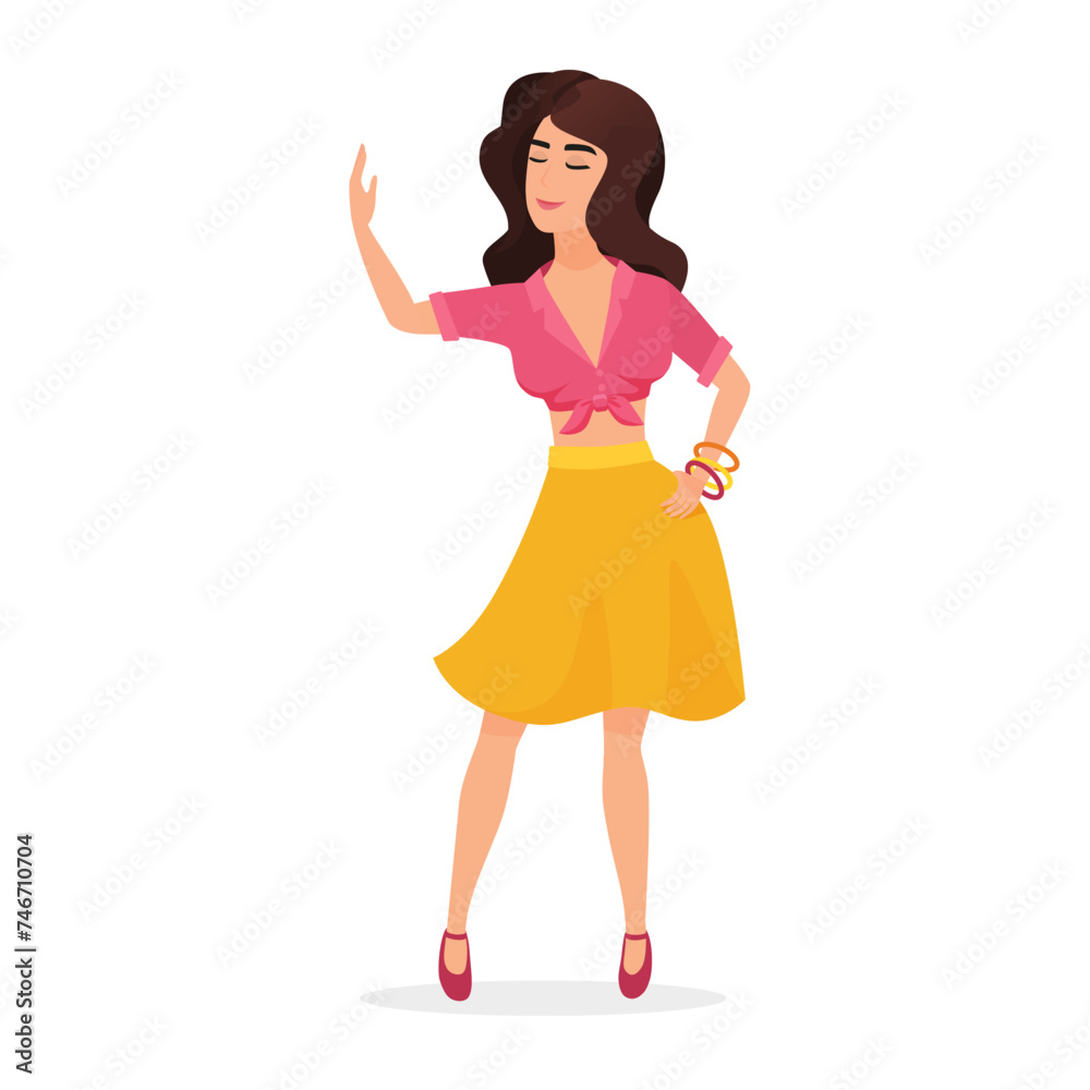 Stylish woman dancing to music, beautiful dance pose of young female character vector illustration