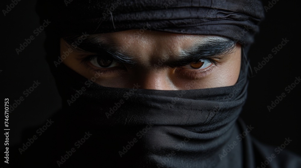 Portrait of young man in a black balaclava against dark background
