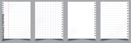 Set of vector realistic illustrations of a torn sheet of paper from a workbook with shadow, isolated. Vector illustration.