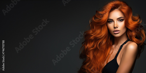 Beautiful young woman with long curly red hair on a dark gray background with copy space. Portrait of a fashion model. Advertise concept. photo