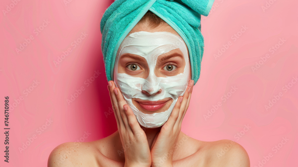 a woman with a turquoise towel wrapped around her hair applies a white facial mask, looking relaxed and content against a pink background.