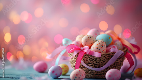 Easter basket filled with colorful eggs and ribbons against a sparkling bokeh background. Festive holiday concept for greeting card, banner, and poster design with copy space