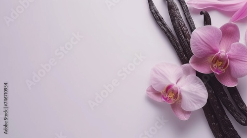 Vanilla pods and orchid flower isolated on white background for culinary and botanical concept photo