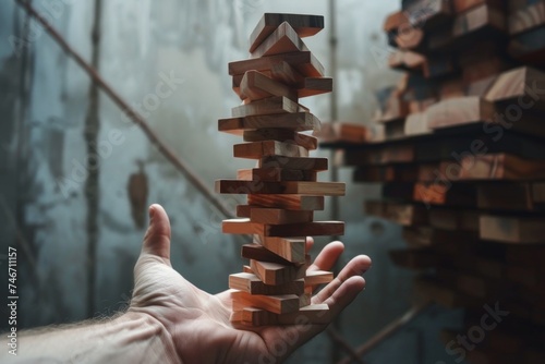 A wooden board game for balance . People play a game of chance in which balance and self-control are important