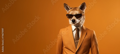 Friendly fox in business suit pretending to work in corporate workplace studio shot with copy space © Ilja