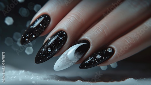 Starry Night Manicure, close-up of a hand showcasing a luxurious black and white manicure with sparkling crystals, reminiscent of a starlit sky