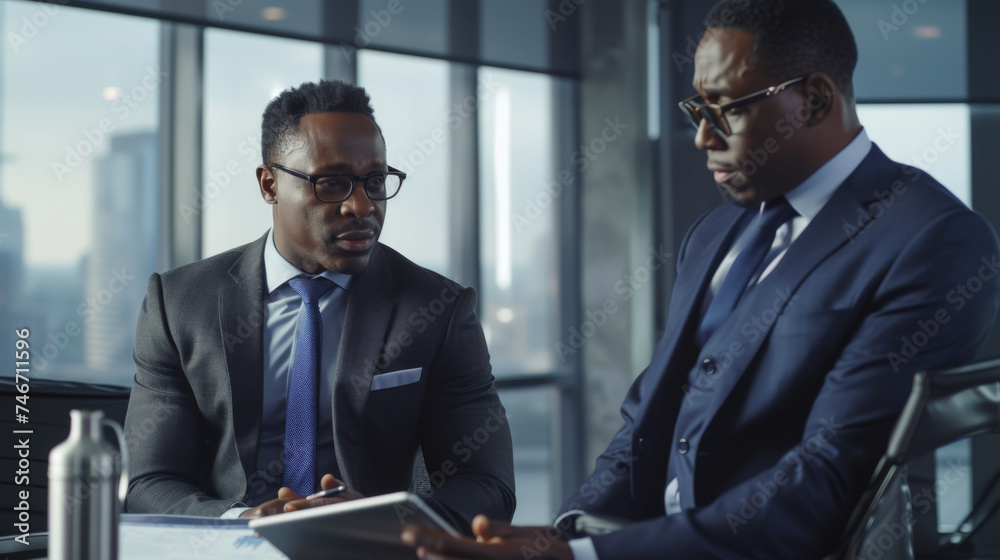 two professional businessmen in suits engaged in a discussion, one holding a digital tablet