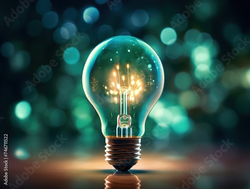 business concept concept idea light bulb with light source and bokeh, dark green and aquamarine, energetic and bold, rim light, found-object-centric