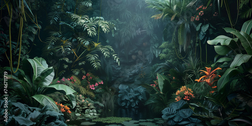 Lush tropical jungle scene with a serene pond  a diverse array of flora  and a cascading waterfall in the background.