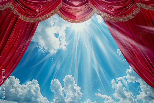 Beautiful Stage With Red Velvet Theater Curtains and Dramatic Sky Background photo