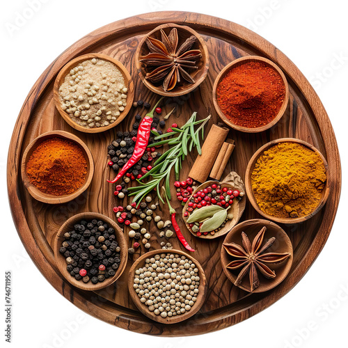 Top view of variety of spices arranged in a circle on wooden platter Isolated on transparent background.
