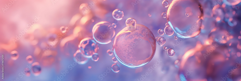 Abstract composition of floating bubbles with a radiant pink and blue backdrop.