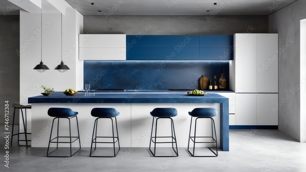 Capture the essence of modern living with a still life of a kitchen: white walls, concrete floor, and a striking blue countertop. Capture the essence of modern living with a still life of a kitchen: white walls, concrete floor, and a striking blue countertop.