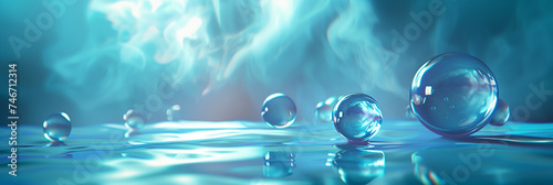 Surreal aqua spheres floating on water with ethereal blue smoke in the background. photo