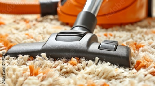 Caucasian cleaning service worker vacuuming rug in modern living room for cleanliness and hygiene.