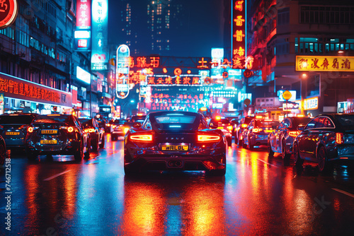 Hongkong-Stadt mit vielen Fahrzeugen im Cyber-Look bei Nacht © Fatih