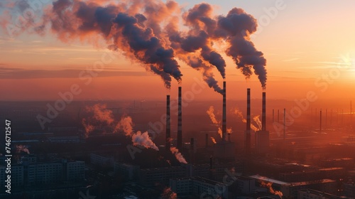 Carbon emissions from factory chimneys sinking into thick smog  industrial pollution impact. photo