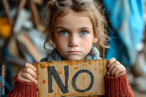 Serious young girl holding a sign with the word 'No'. Portrait photography with social concept and copy space photo