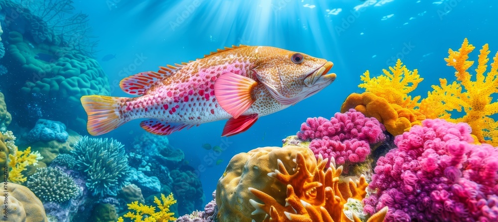 Fototapeta premium Colorful wrasse fish among vibrant corals in a saltwater aquarium, underwater marine life concept