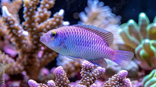 Vibrant chromis fish swimming among colorful corals in a mesmerizing saltwater aquarium setting.