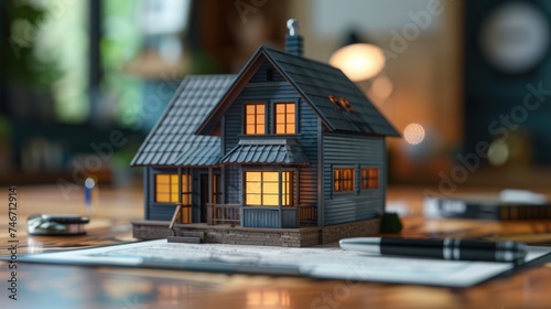 Miniature Model Home on Architect's Desk, detailed 3D-rendered model of a charming blue house sits atop architectural plans, symbolizing home design and construction concepts