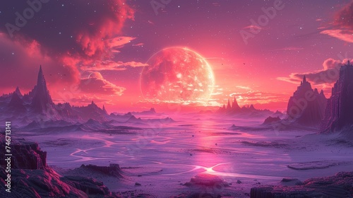 Crimson Dusk: Majestic Mountains under Alien Sky.A breathtaking expanse of mountainous terrain bathes in the crimson glow of an alien planet's sky