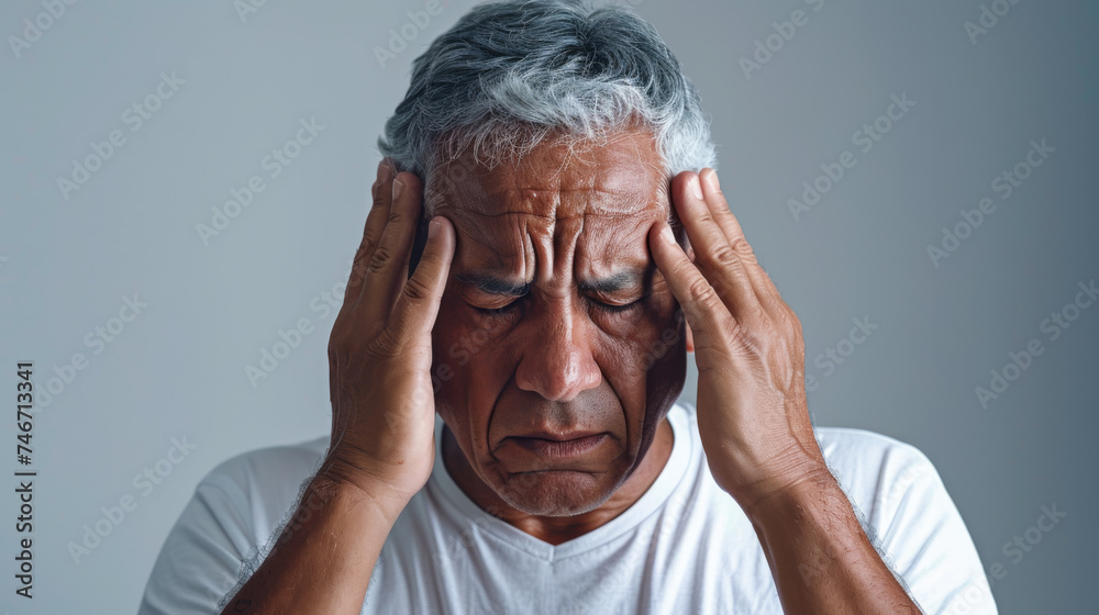 middle-aged or senior Hispanic man with grey hair, experiencing a strong headache or migraine middle-aged or senior Hispanic man with grey hair, experiencing a strong headache or migraine