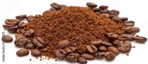 A close-up view of a mixture of coffee beans and freshly ground coffee, creating a textured pile. The coffee beans are dark brown and shiny, while the ground coffee is a rich, aromatic brown hue.