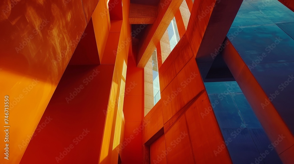 Fototapeta premium Wide angle abstract background view of steel light blue high rise commercial building skyscraper made of glass exterior.