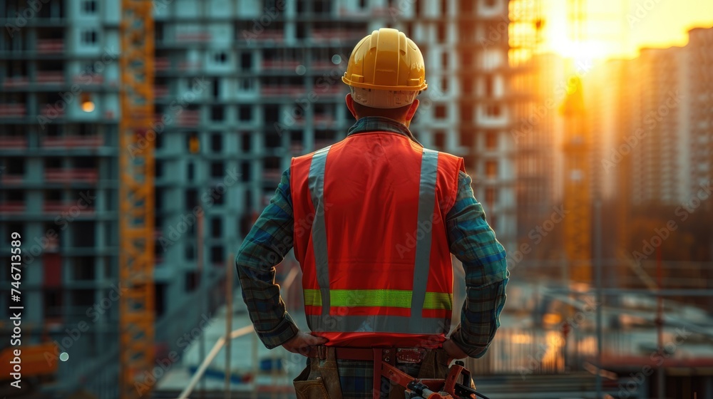 Construction Worker at Dusk, Back view of a construction worker in reflective gear observing a building site at sunset, symbolizing industry and development Construction Worker at Dusk, Back view of a construction worker in reflective gear observing a building site at sunset, symbolizing industry and development