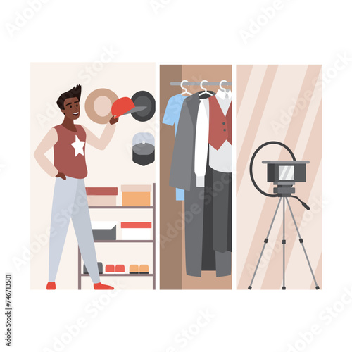 Fashion blogger standing by wardrobe with stylish clothes to record video for blog about style vector illustration