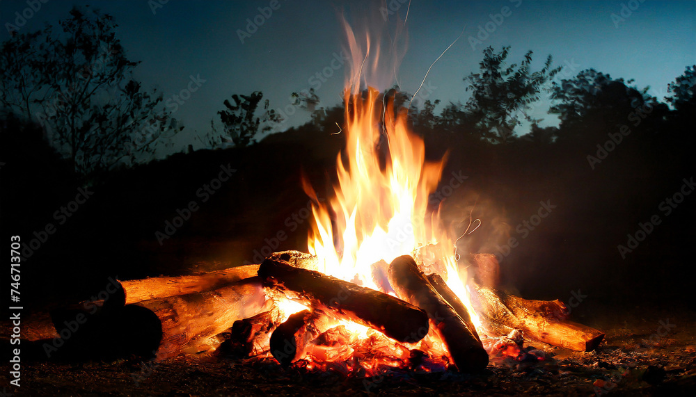 Close up red and orange fire flames and sparks, bonfire, burning logs campfire, nature landscape