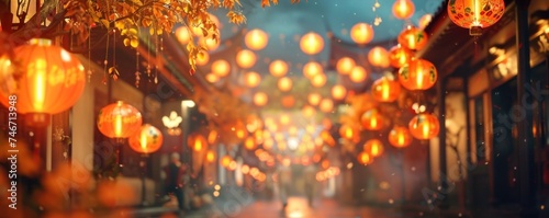 Traditional Asian Street Lanterns, Festive lanterns at night, warm tones in traditional Asian street, inviting ambiance.